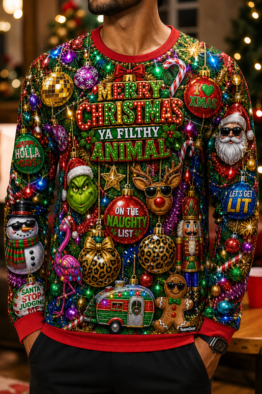 3D Ornaments Sweater Ugly Christmas Sweater — custom christmas team apparel worn on model — TeamGear Canada
