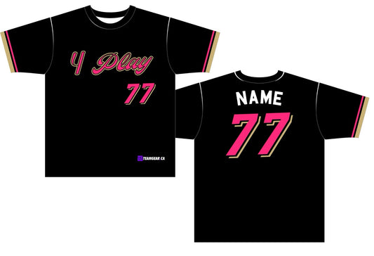 black and pink 4 Play team softball jerseys with player name and number