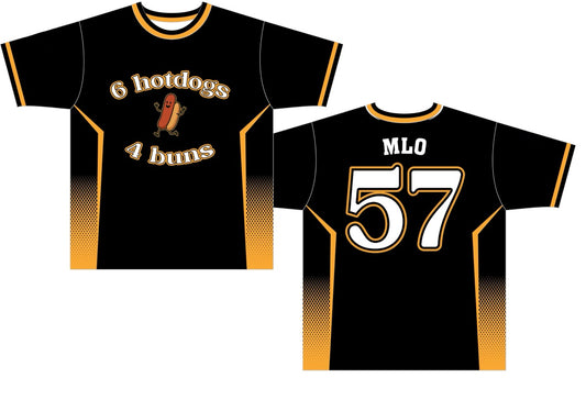 black and orange softball jerseys with funny team name 6 hotdogs 4 buns