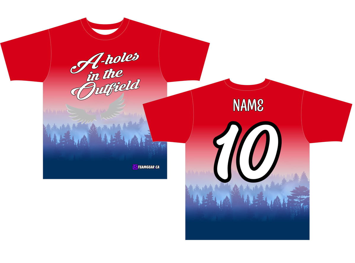 red and blue A-holes in the Outfield team softball jerseys with an inappropriate team name