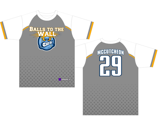 grey and white Balls to the Wall team softball jerseys with blue ball logo
