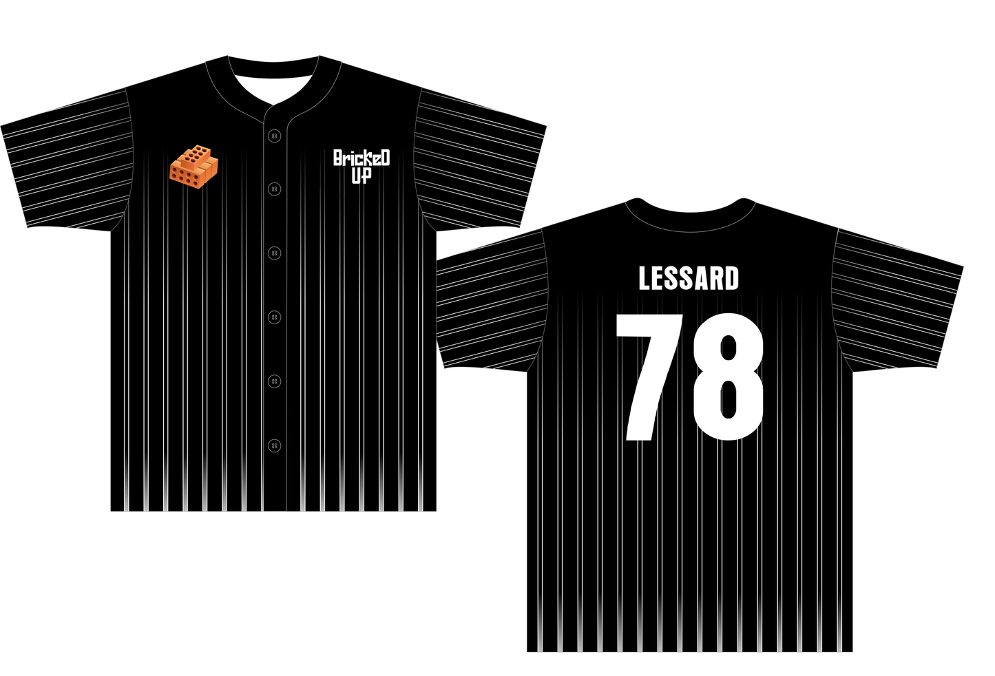 black and white pinstripe Bricked Up baseball jerseys with buttons down the front