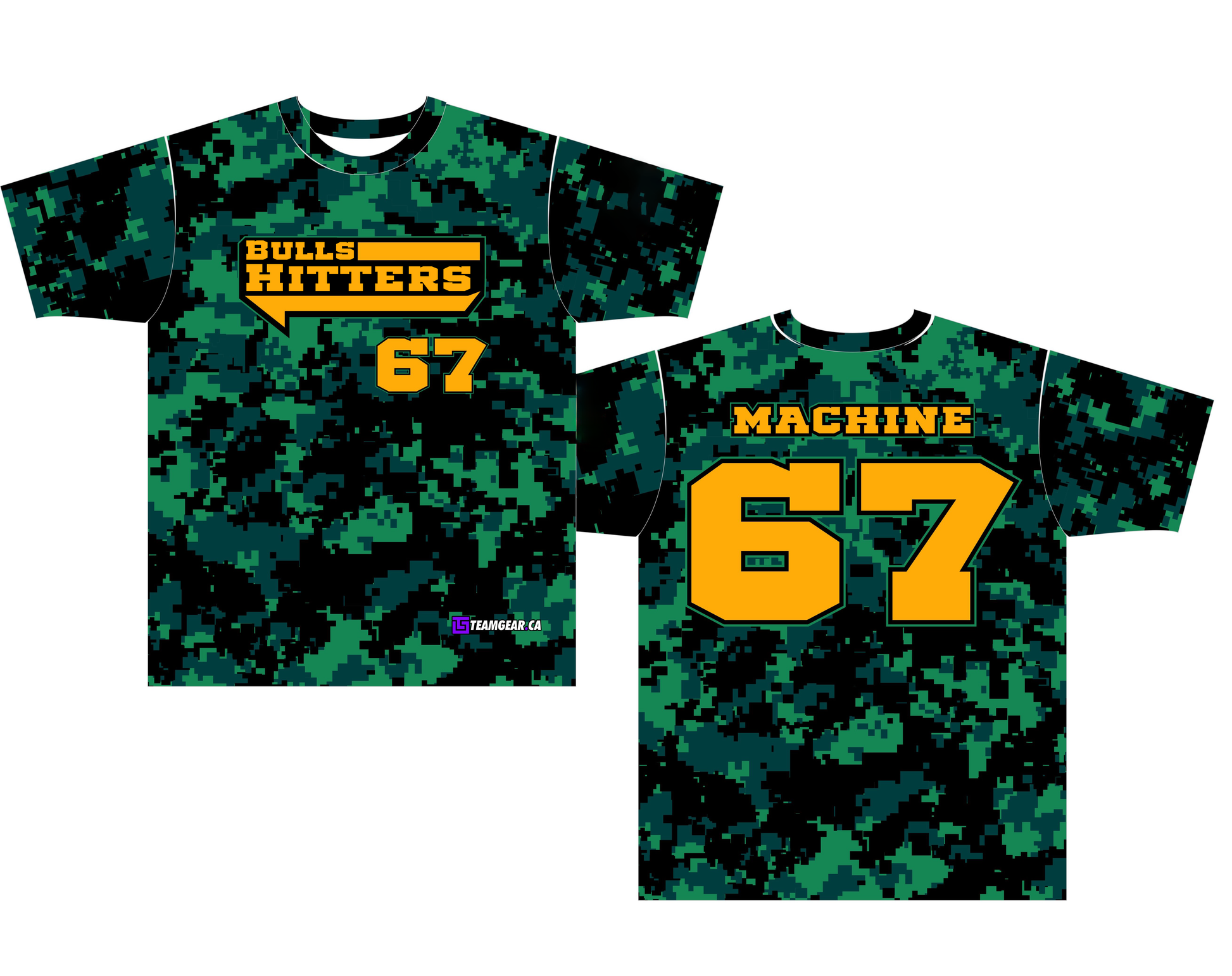 green camo Bulls Hitters team softball jerseys with yellow numbers