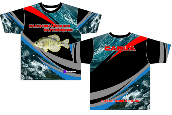 Bushwhacker Outdoors custom fishing shirt with realistic water prints and fish on the front