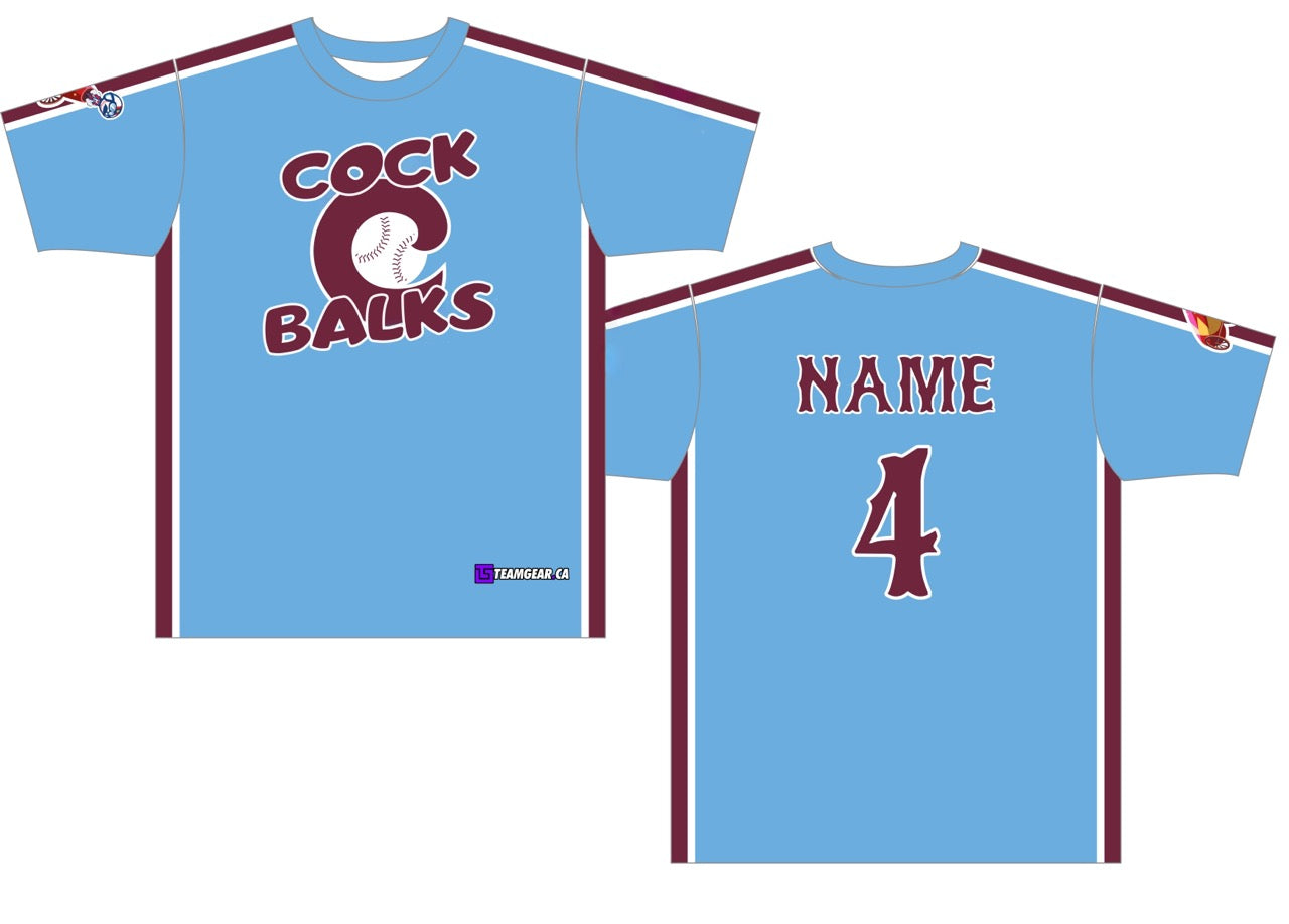 powder blue Cock Balks team softball jerseys with red team name and numbers