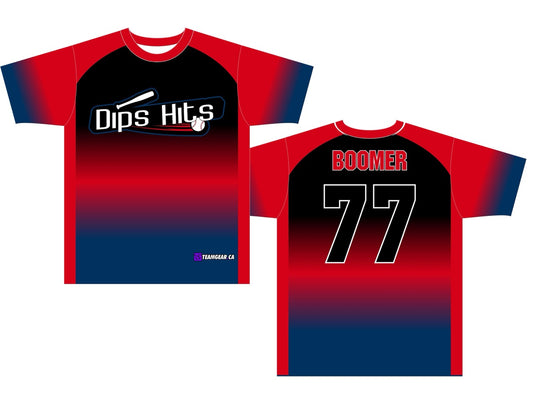 Red, black, and blue jersey design for Dips Hits softball team