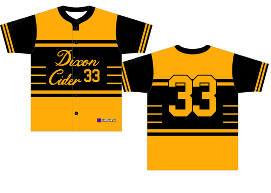 black and yellow Dixon Cider baseball jerseys with buttons down the front