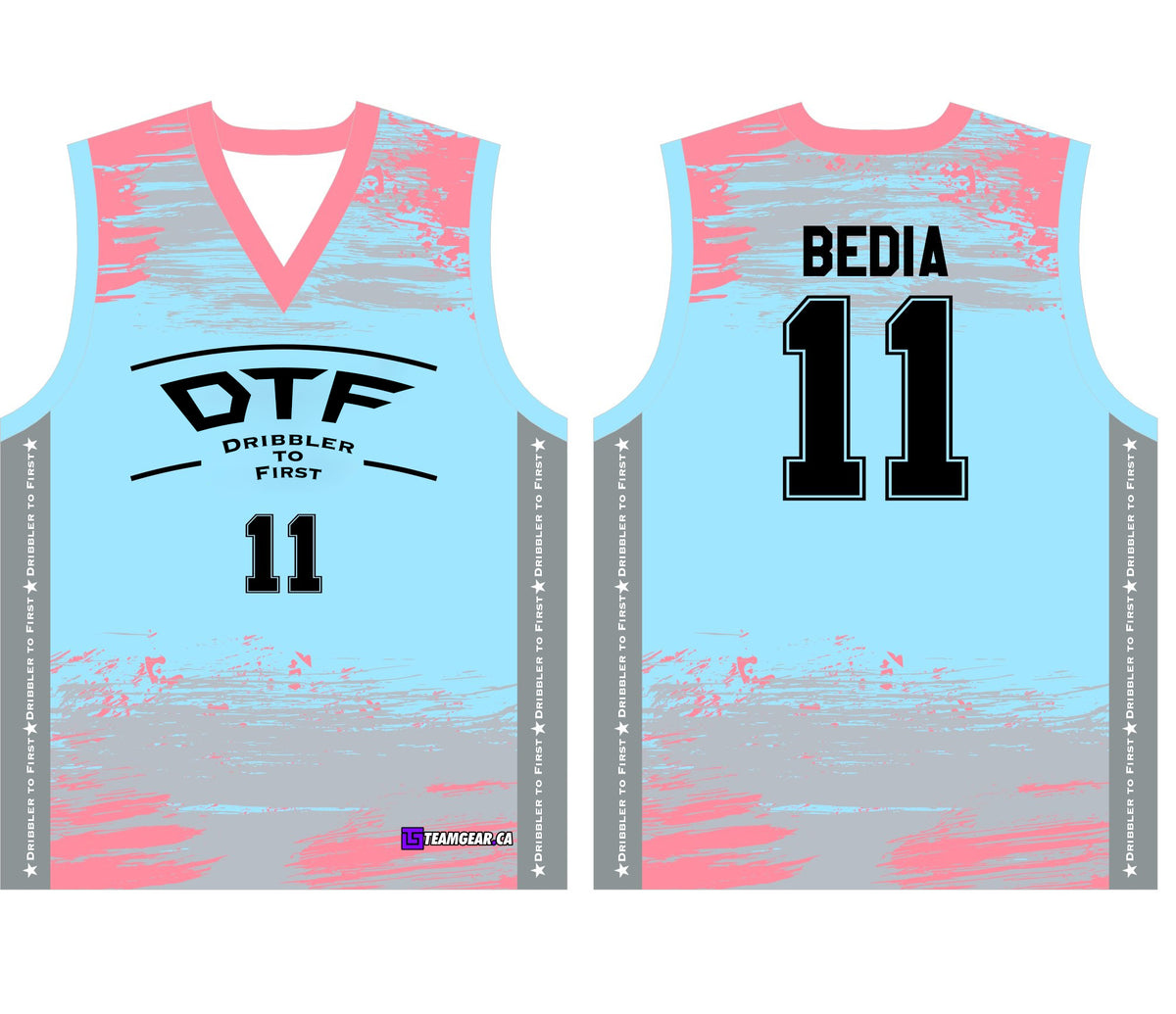 pink and blue Dribbler to First (DTF) sleeveless softball jerseys with a v-neck