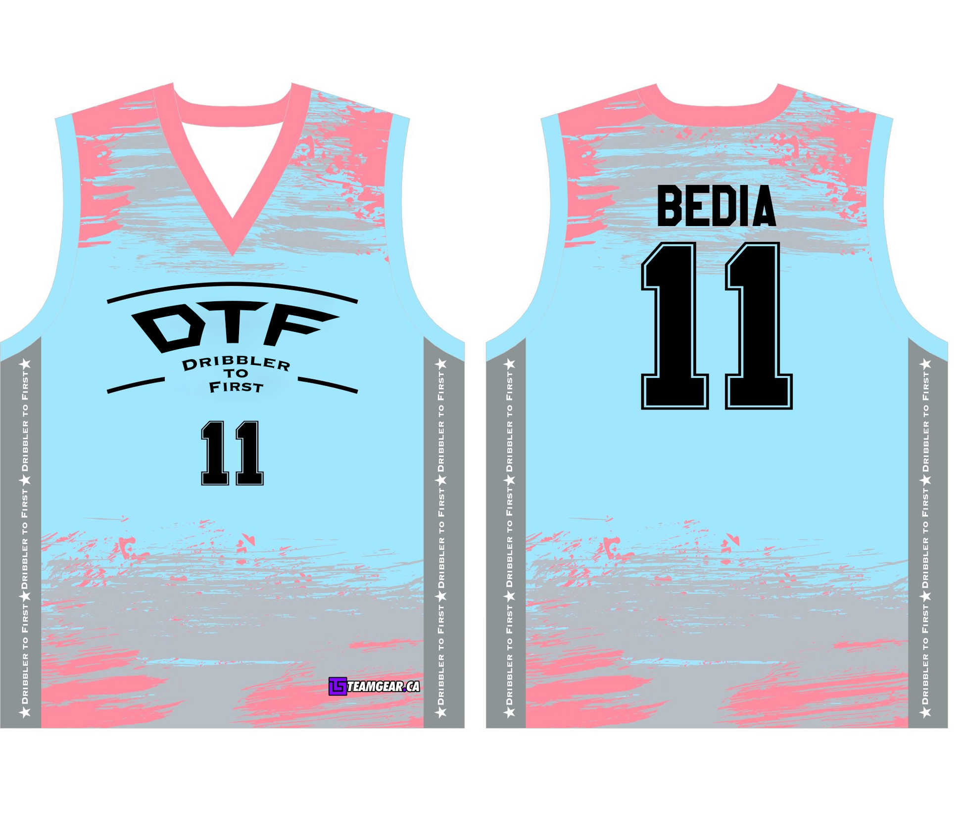 pink and blue Dribbler to First (DTF) sleeveless softball jerseys with a v-neck
