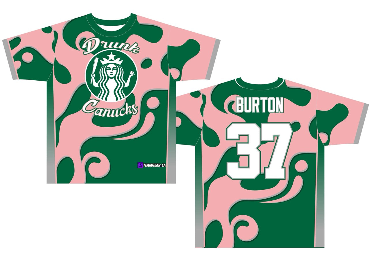pink and green Drunk Canucks softball jerseys with funny team logo