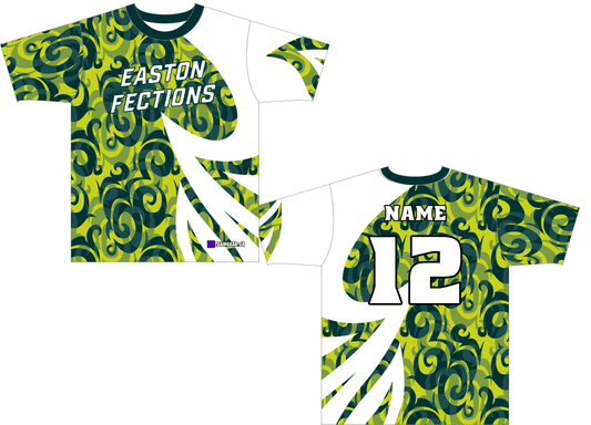 green and white Easton Fections team softball jerseys with tribal designs