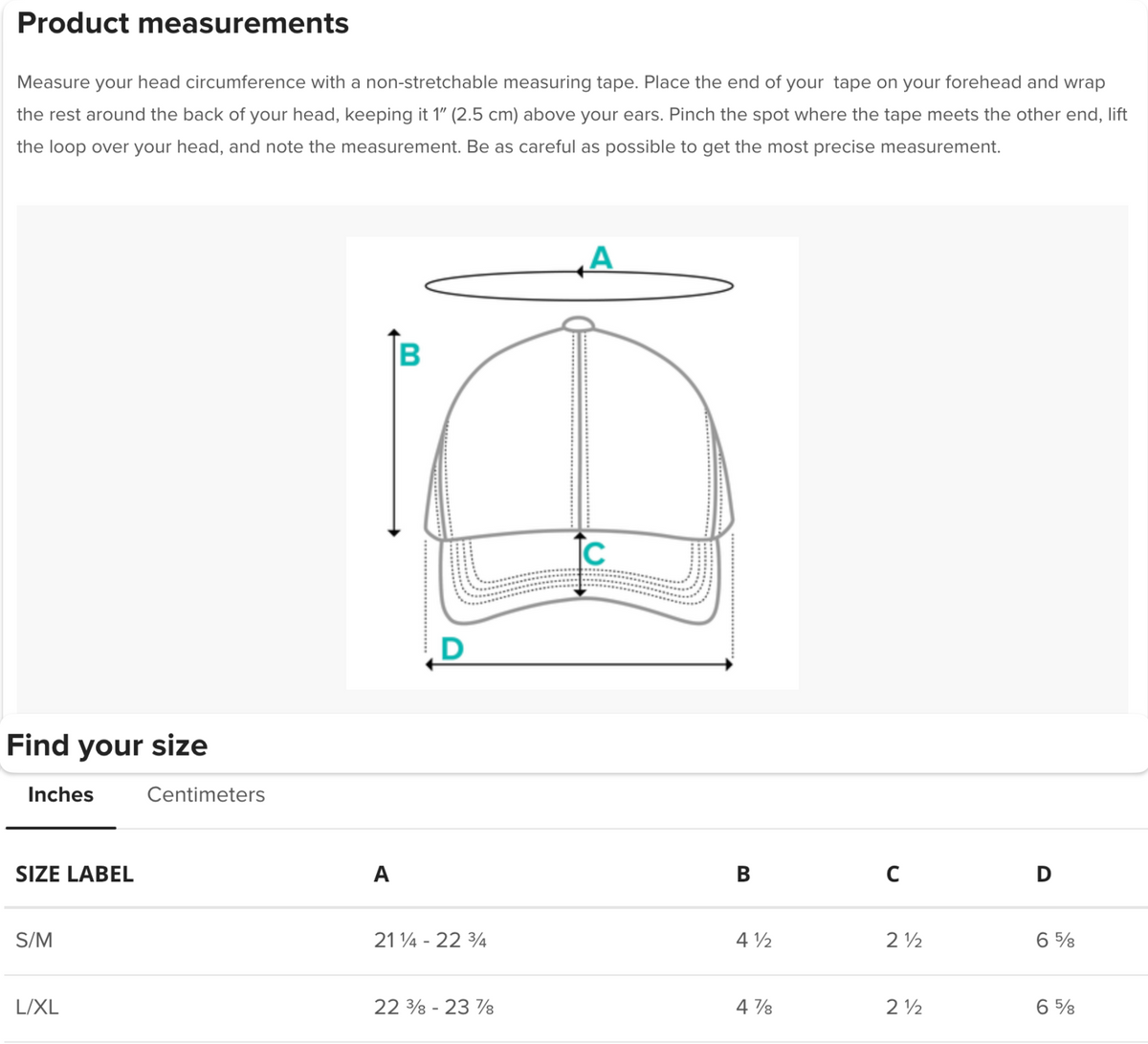 size chart for Flex Fit hat with fitted back