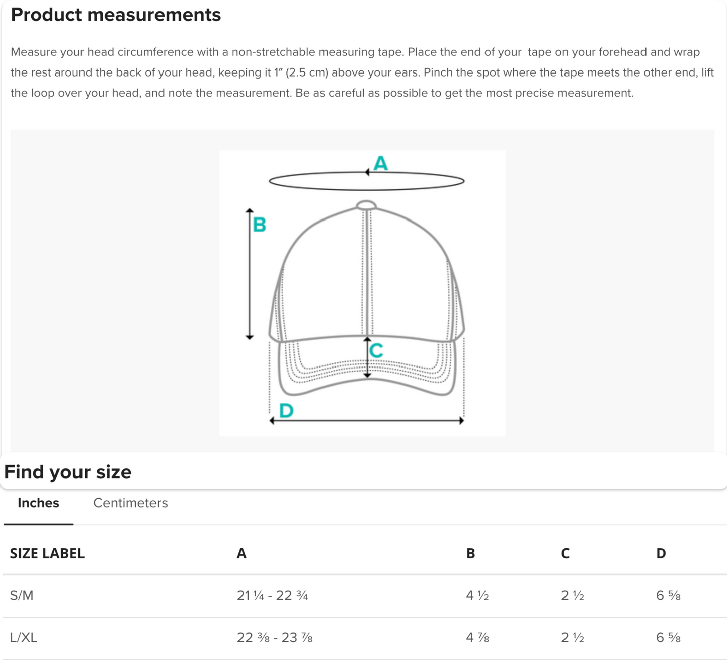size chart for Flex Fit hat with fitted back