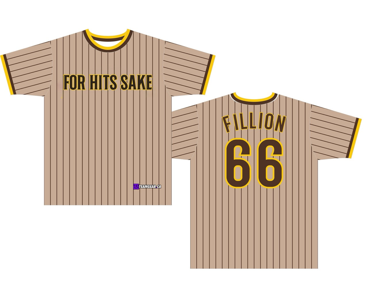 Padres-inspired For Hits Sake team softball jerseys with brown pinstripes and yellow accents