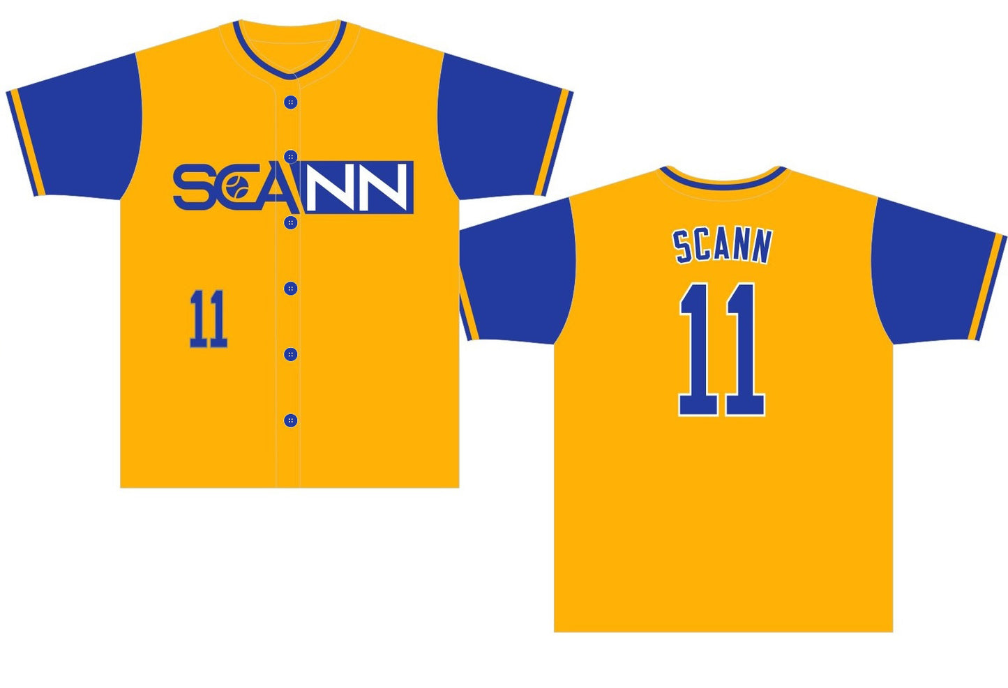 custom full button jersey design for ShowZone creator Scann in yellow and royal blue