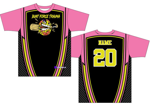 Bunt Force Trauma Pink and black softball jersey with yellow name and number
