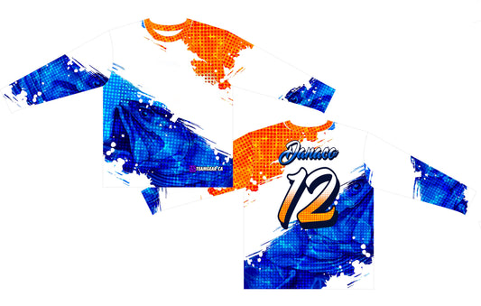 white, orange and blue walleye fishing jersey