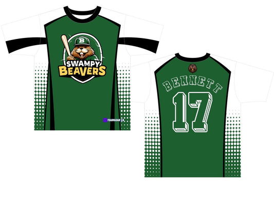 green and white Swampy Beavers softball and slo-pitch jerseys
