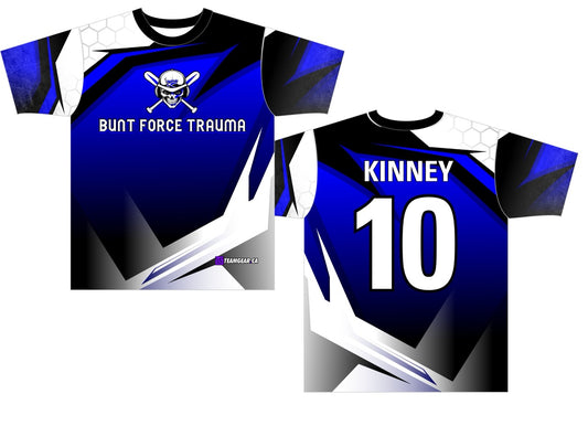 Bunt Force Trauma Black and Blue Softball Jersey with short sleeves
