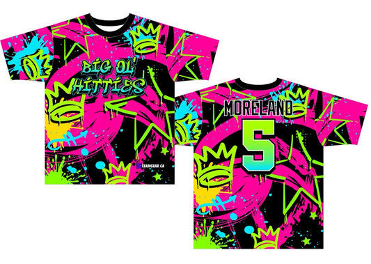 retro Big Ol Hitties Softball Jersey with bright graphics in green and pink