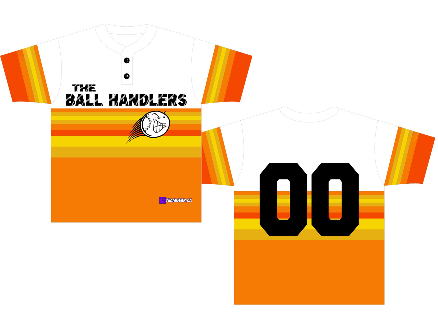 orange and white Ball Handlers softball jerseys with a button neck