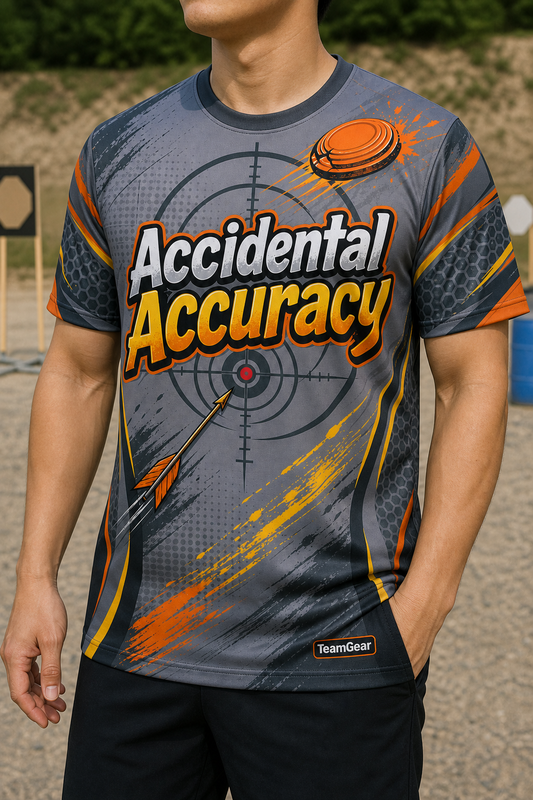 Accidental Accuracy Grey Shooting Jersey — custom shooting jersey worn on model — TeamGear Canada