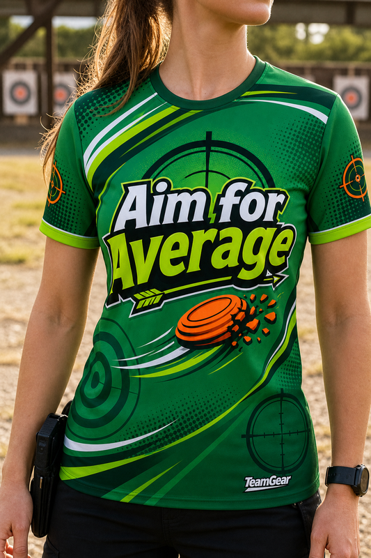 Aim for Average Green Shooting Jersey — custom shooting jersey worn on model — TeamGear Canada