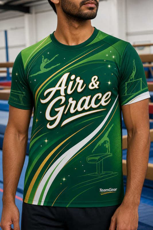 Air & Grace Green Gymnastics Jersey — custom gymnastics jersey worn on model — TeamGear Canada