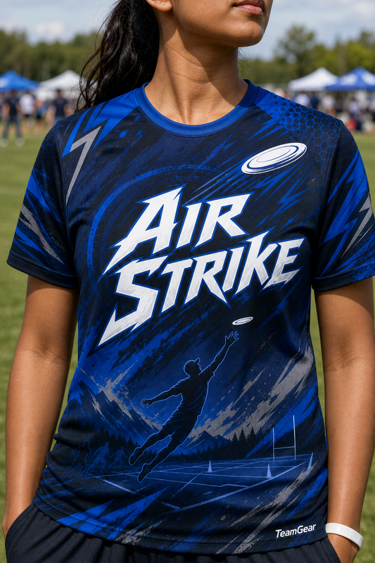 Air Strike Blue Ultimate Frisbee Jersey — custom ultimate frisbee jersey worn on model — TeamGear Canada