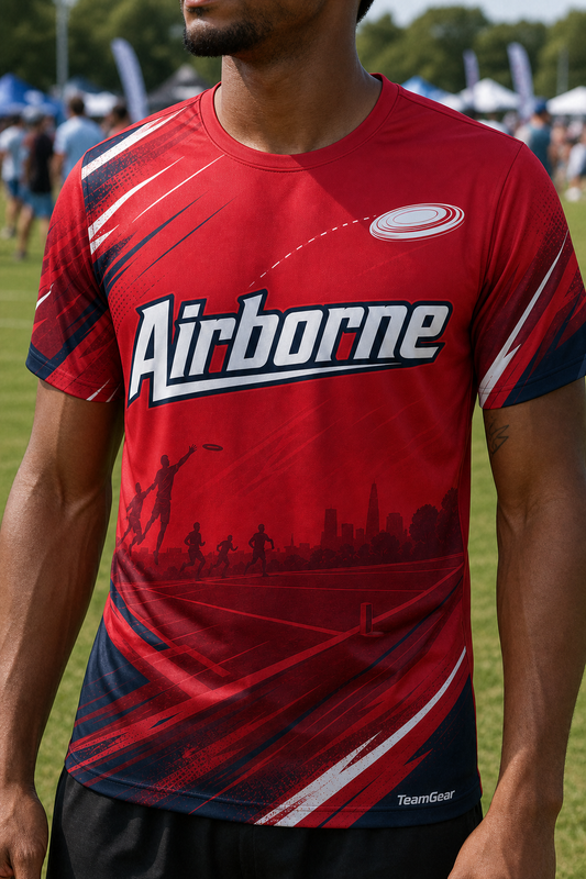 Airborne Crimson Ultimate Frisbee Jersey — custom ultimate frisbee jersey worn on model — TeamGear Canada