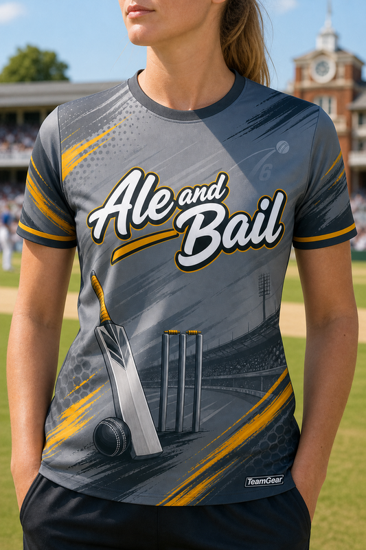 Ale and Bail Grey Cricket Jersey — custom cricket jersey worn on model — TeamGear Canada