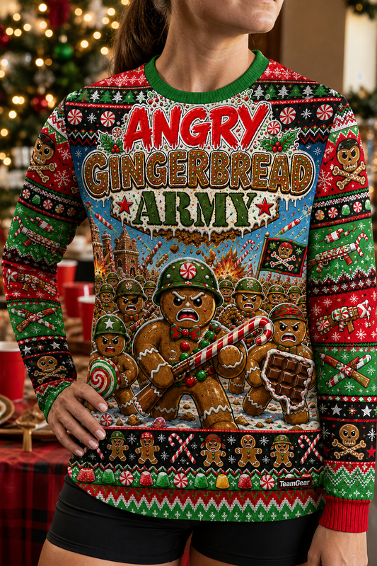 Angry Gingerbread Army Ugly Christmas Sweater — custom christmas team apparel worn on model — TeamGear Canada