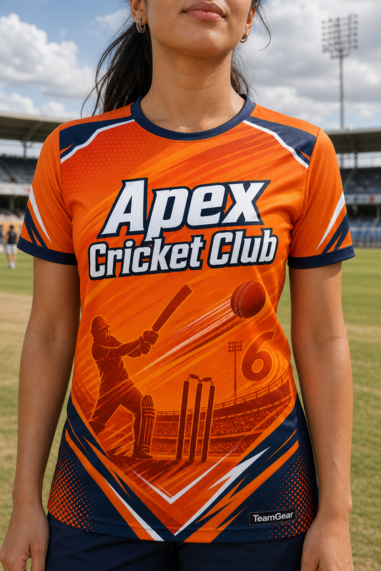 Apex Cricket Club Orange Cricket Jersey — custom cricket jersey worn on model — TeamGear Canada