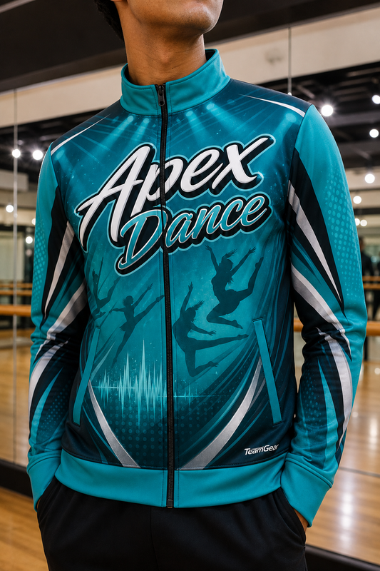 Apex Dance Teal Dance Jacket — custom dance jacket worn on model — TeamGear Canada