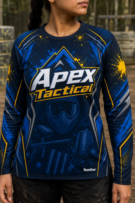 Apex Tactical Navy Long Sleeve Paintball Jersey — custom paintball jersey worn on model — TeamGear Canada