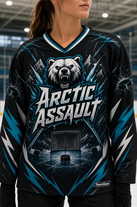 Arctic Assault Black Hockey Jersey — custom hockey jersey worn on model — TeamGear Canada