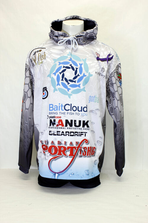 custom fishing hoodie full sublimation jersey made in Canada, zip neck, crew neck, and button neck also available