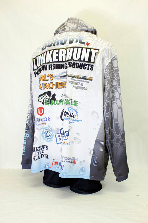 custom fishing hoodie full sublimation jersey made in Canada, zip neck, crew neck, and button neck also available