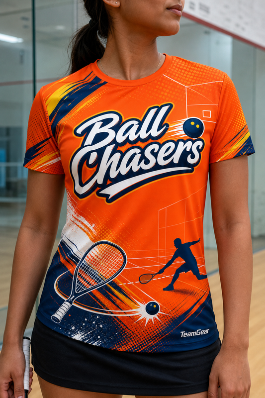 Ball Chasers Orange Racquetball Jersey — custom racquetball jersey worn on model — TeamGear Canada