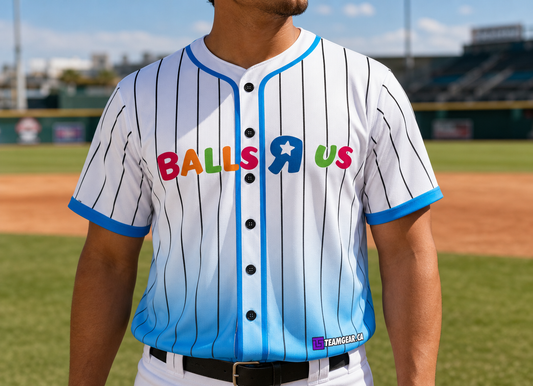 Balls R Us Baseball Jersey Full Button — custom baseball jersey worn on model — TeamGear Canada