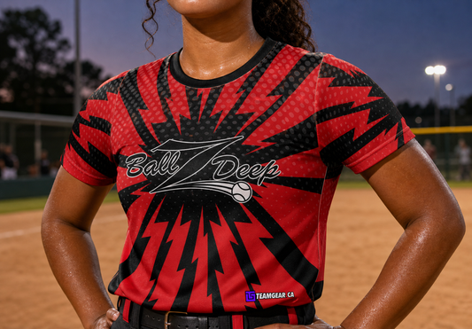 Ballz Deep Red Softball Jersey — custom softball jersey worn on model — TeamGear Canada