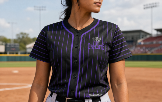 Bandits Purple Pinstripe Baseball Jersey Full Button — custom baseball jersey worn on model — TeamGear Canada