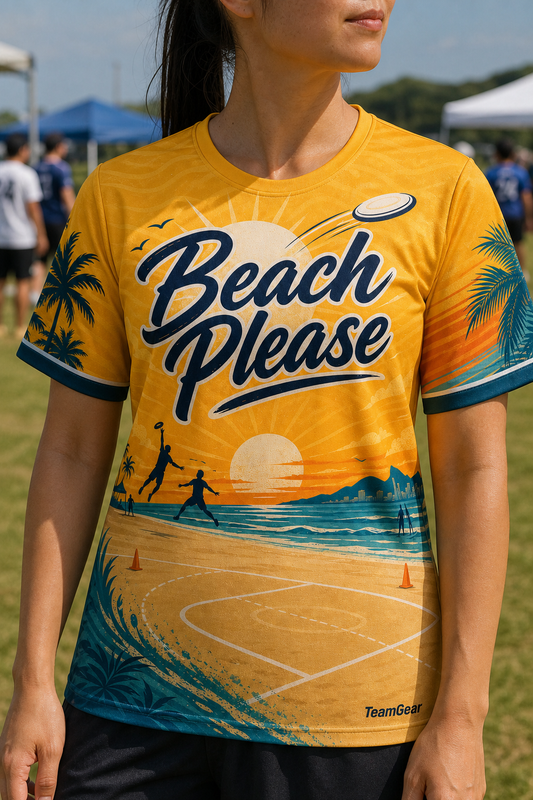 Beach Please Gold Ultimate Frisbee Jersey — custom ultimate frisbee jersey worn on model — TeamGear Canada