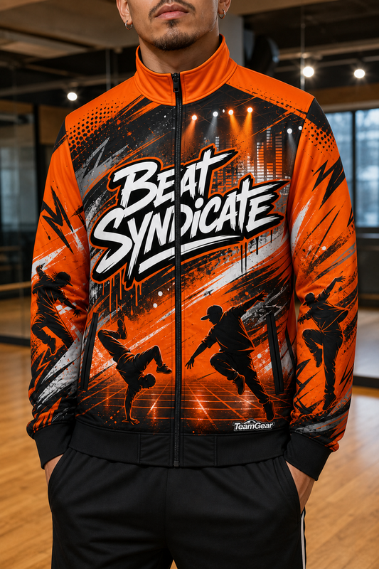 Beat Syndicate Orange Dance Jacket — custom dance jacket worn on model — TeamGear Canada
