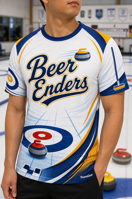 Beer Enders White Curling Jersey — custom curling jersey worn on model — TeamGear Canada