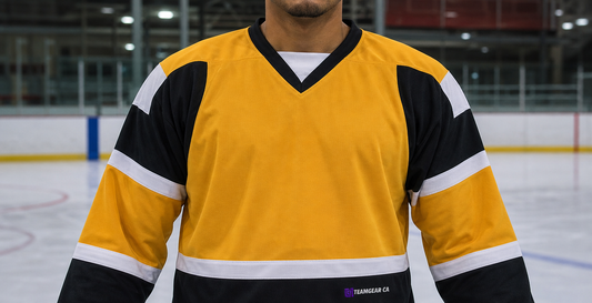 Beer League Hockey Jersey Gold/Black/White — custom hockey jersey worn on model — TeamGear Canada
