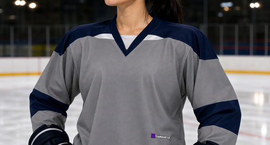 Beer League Hockey Jersey Grey/Navy/White — custom hockey jersey worn on model — TeamGear Canada