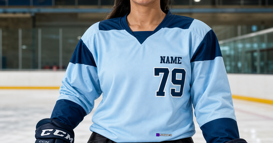 Beer League Hockey Jersey Powder Blue/Navy — custom hockey jersey worn on model — TeamGear Canada