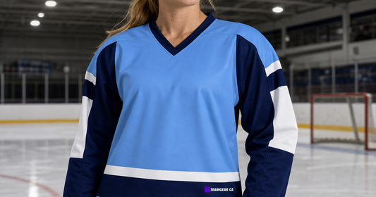 Beer League Hockey Jersey Powder Blue/Navy/White — custom hockey jersey worn on model — TeamGear Canada