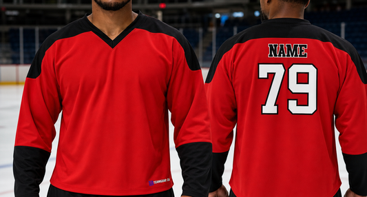 Beer League Hockey Jersey Red/Black/White — custom hockey jersey worn on model — TeamGear Canada